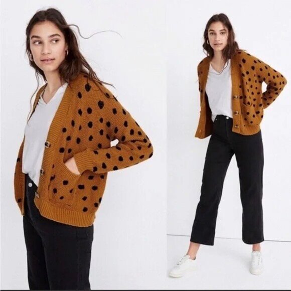 Madewell Hillview Mustard Painted Spots Cardigan Sweater Size Small - Picture 1 of 9